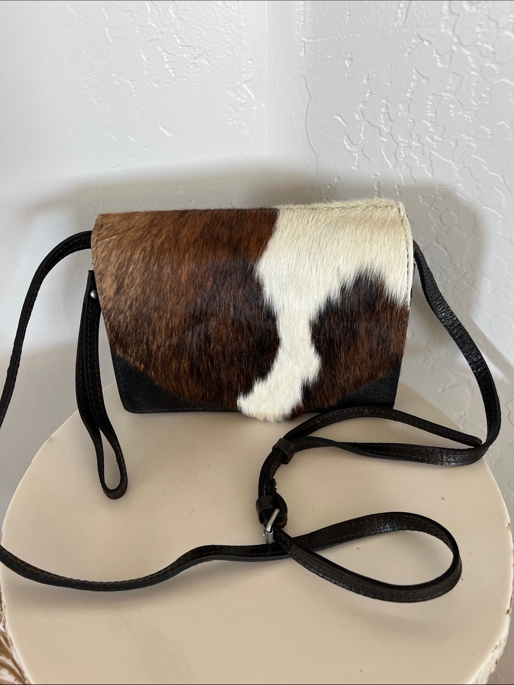 Patricia Nash Crossbody Hair-on-Hide Leather Bag in Brown & White